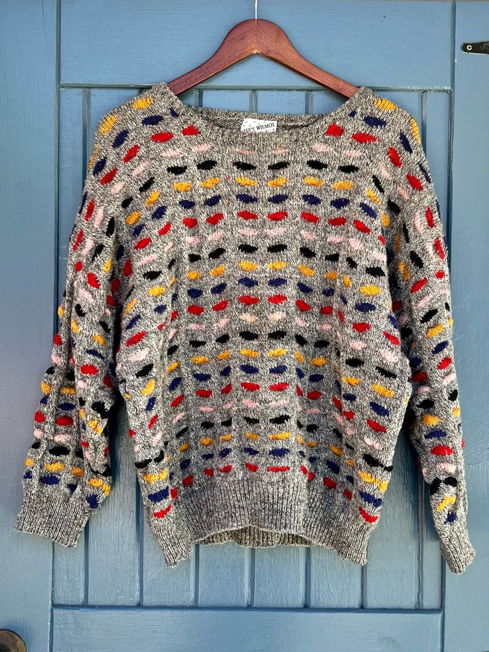 Vintage Lucy Wilmot 100% Wool Multicolor Pattern Gray Crewneck Sweater Men’s M